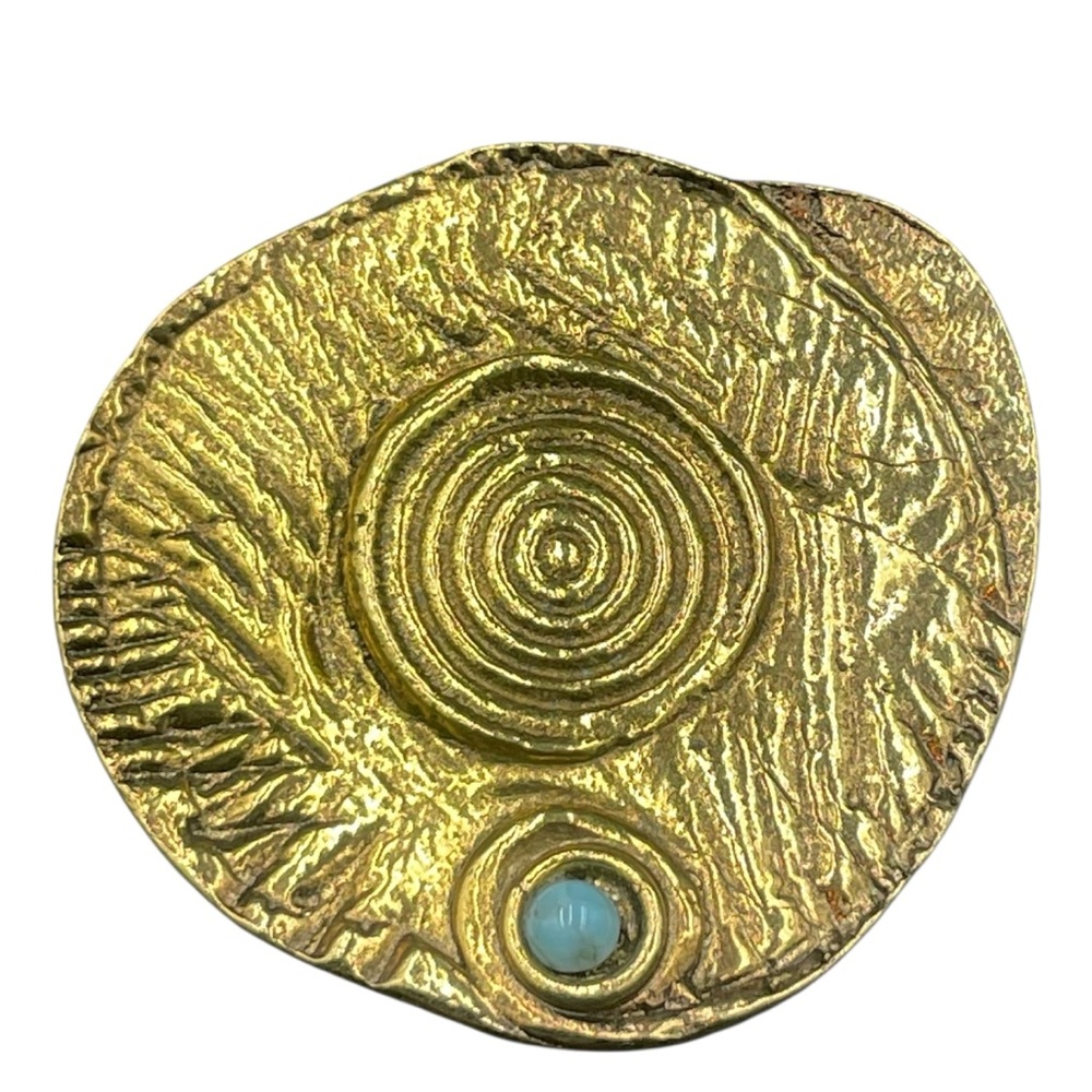 Vintage Jean David Gold Textured Brooch Turquoise Judaica Modernist Brutalist